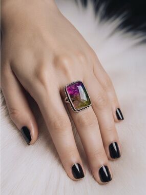 💕 Solar Quartz Rectangle Gemstone Ring 925 Stamped Silver Plated Adjustable New